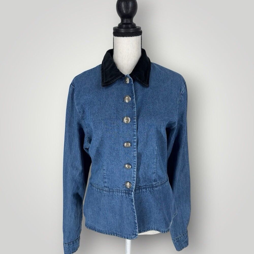 VTG Central Falls Denim Top Velvet Collar Peplum Conch Buttons M Western